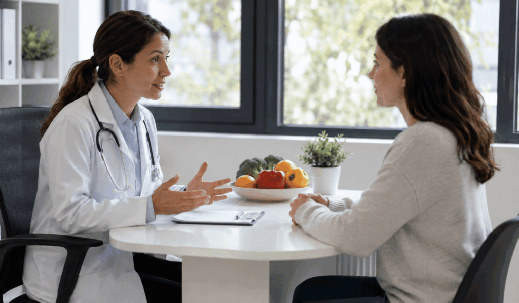 A doctor at IAMACF Free Health Clinic discussing natural GERD treatment options with a patient, fish